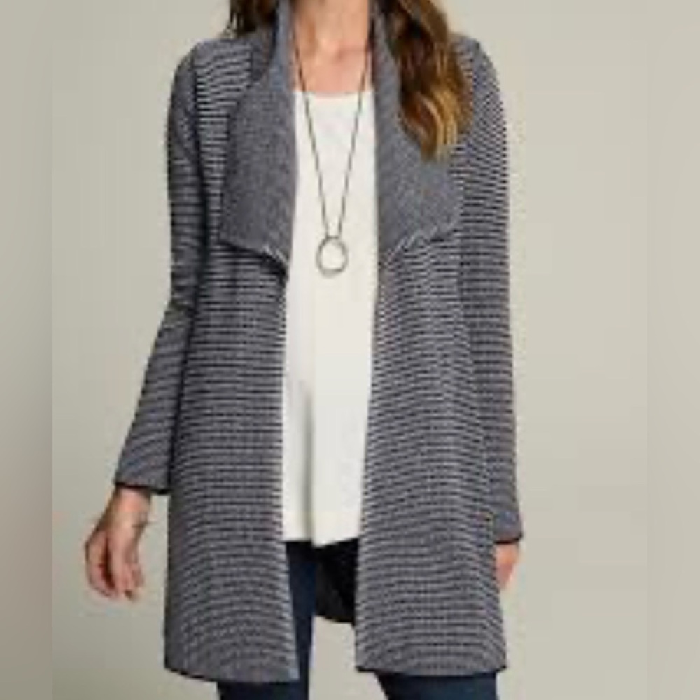 J.Jill Wearever Cardigan Sweater Size M Tall Blue Striped Long Open Front